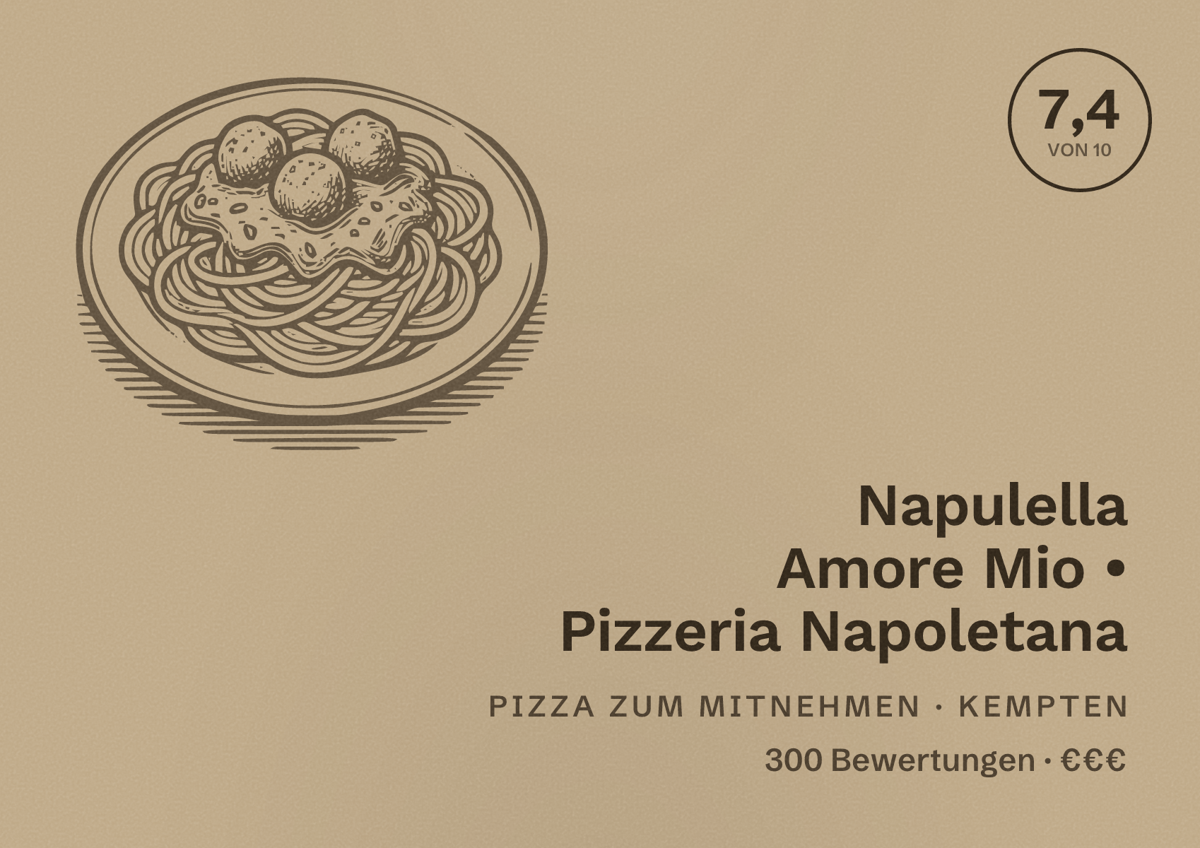 Illustriertes Poster von Napulella Amore Mio • Pizzeria Napoletana, Pizza zum Mitnehmen in Kempten: Bewertung 7,4 von 10 aus 300 Bewertungen, Preisniveau €€€