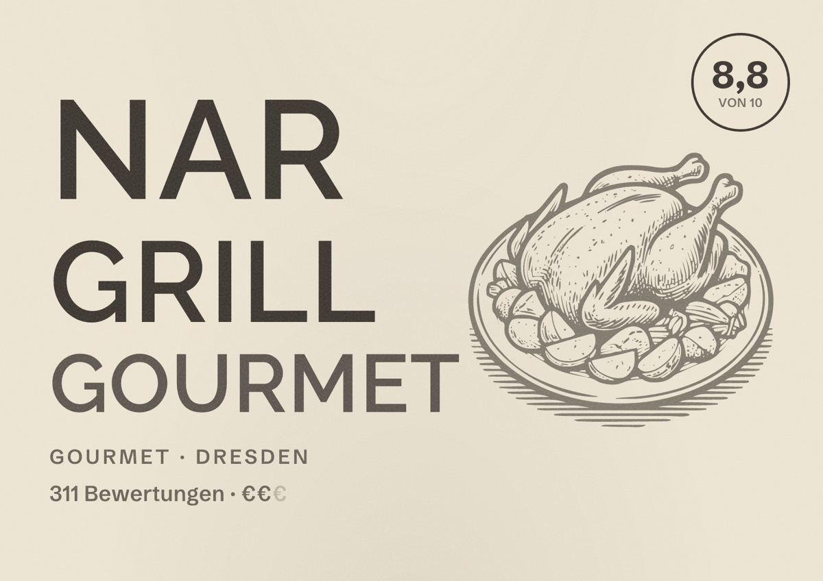 Illustriertes Poster von Nar grill gourmet, Gourmet in Dresden: Bewertung 8,8 von 10 aus 311 Bewertungen, Preisniveau €€