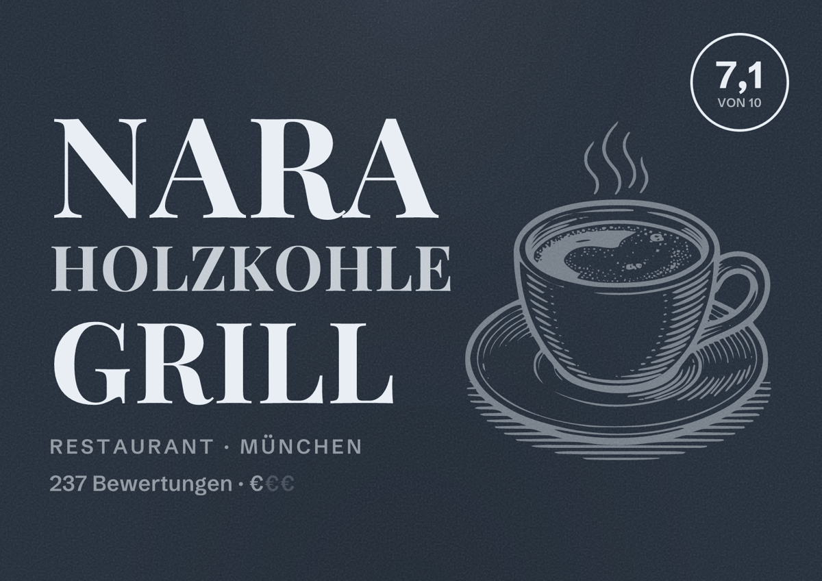 Illustriertes Poster von NARA Holzkohle Grill, Restaurant in München: Bewertung 7,1 von 10 aus 237 Bewertungen, Preisniveau €