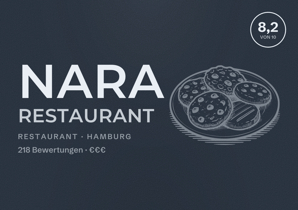 Illustriertes Poster von Nara Restaurant, Restaurant in Hamburg: Bewertung 8,2 von 10 aus 218 Bewertungen, Preisniveau €€€