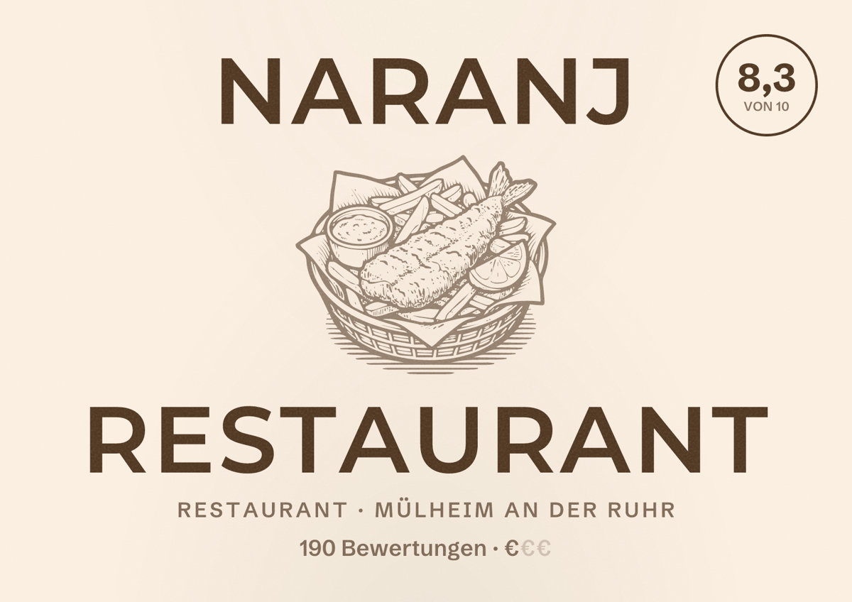 Illustriertes Poster von Naranj Restaurant, Restaurant in Mülheim an der Ruhr: Bewertung 8,3 von 10 aus 190 Bewertungen, Preisniveau €