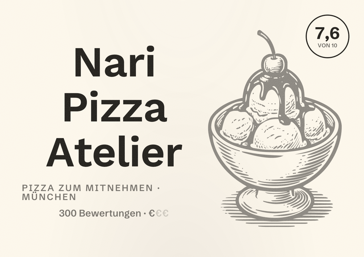 Illustriertes Poster von Nari Pizza Atelier, Pizza zum Mitnehmen in München: Bewertung 7,6 von 10 aus 300 Bewertungen, Preisniveau €
