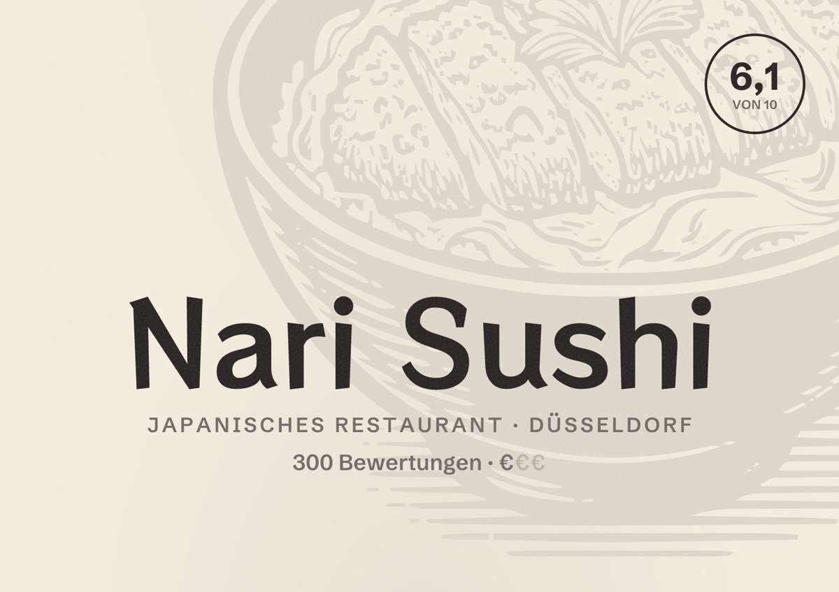 Illustriertes Poster von Nari Sushi, Japanisches Restaurant in Düsseldorf: Bewertung 6,1 von 10 aus 300 Bewertungen, Preisniveau €