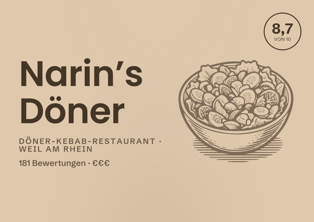Illustriertes Poster von Narin’s Döner, Döner-Kebab-Restaurant in Weil am Rhein: Bewertung 8,7 von 10 aus 181 Bewertungen, Preisniveau €€€