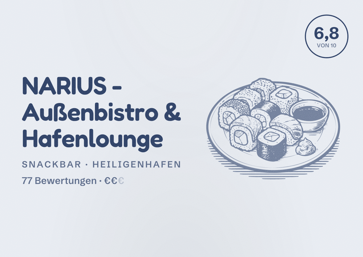 Illustriertes Poster von NARIUS - Außenbistro & Hafenlounge, Snackbar in Heiligenhafen: Bewertung 6,8 von 10 aus 77 Bewertungen, Preisniveau €€