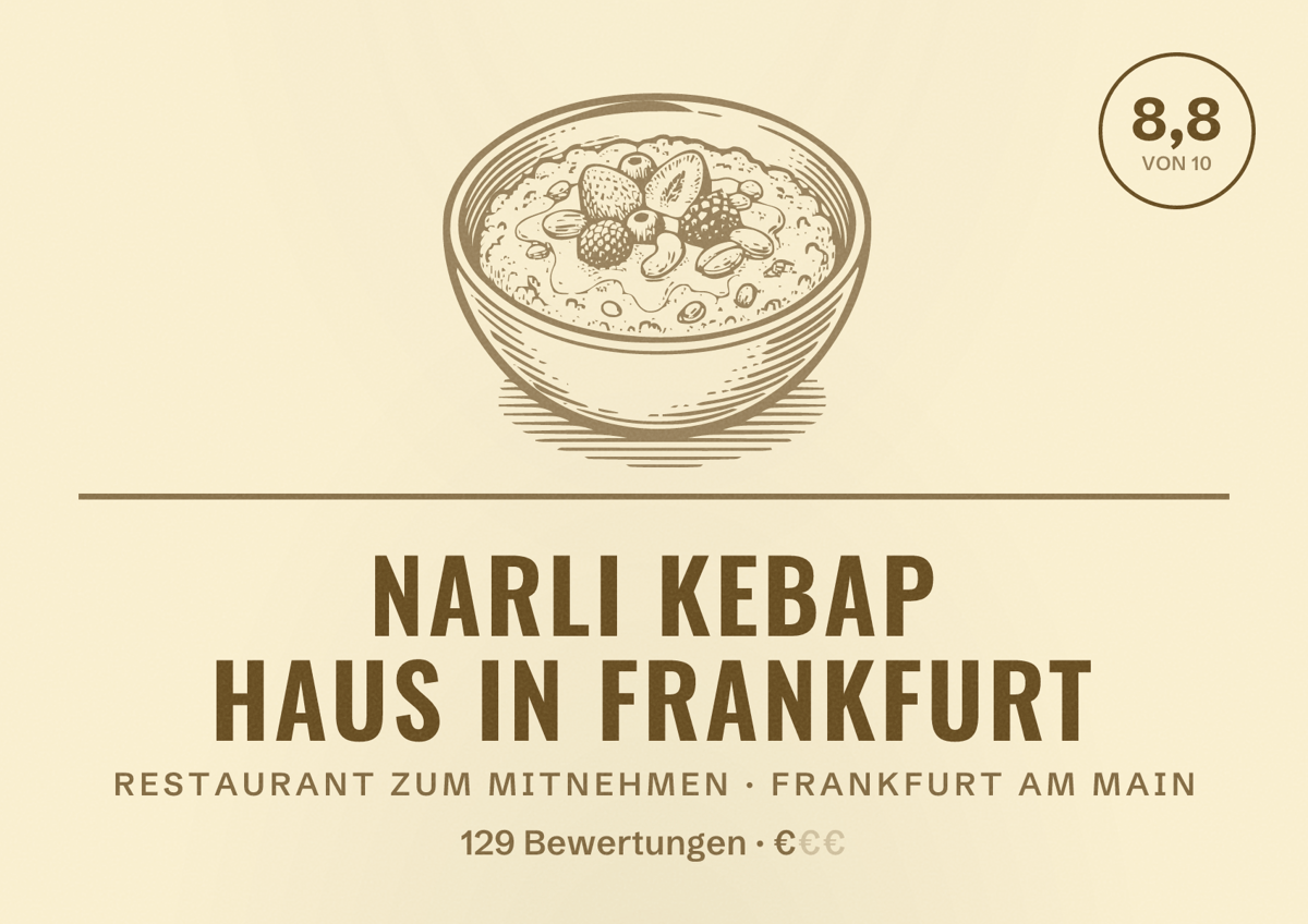 Illustriertes Poster von narli Kebap Haus in Frankfurt, Restaurant zum Mitnehmen in Frankfurt am Main: Bewertung 8,8 von 10 aus 129 Bewertungen, Preisniveau €