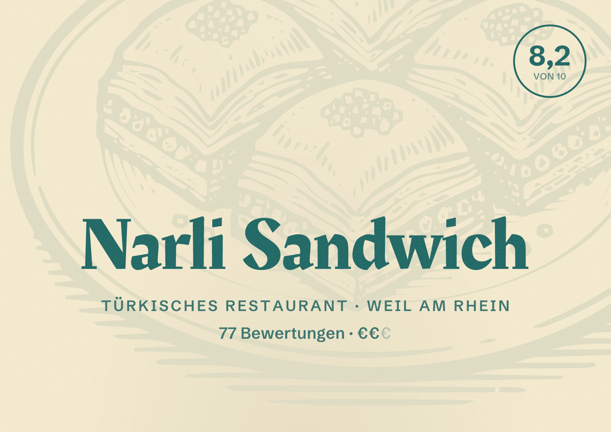 Illustriertes Poster von Narli Sandwich, Türkisches Restaurant in Weil am Rhein: Bewertung 8,2 von 10 aus 77 Bewertungen, Preisniveau €€