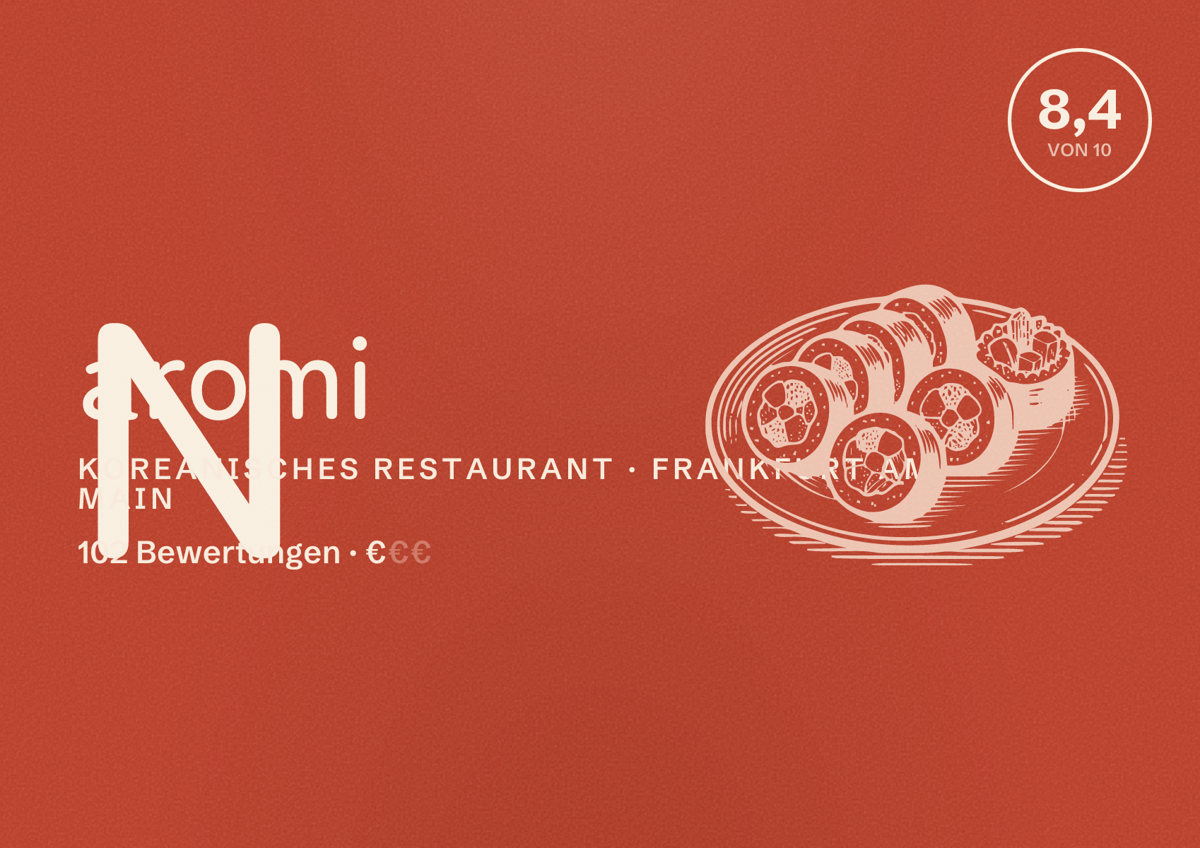 Illustriertes Poster von Naromi, Koreanisches Restaurant in Frankfurt am Main: Bewertung 8,4 von 10 aus 102 Bewertungen, Preisniveau €