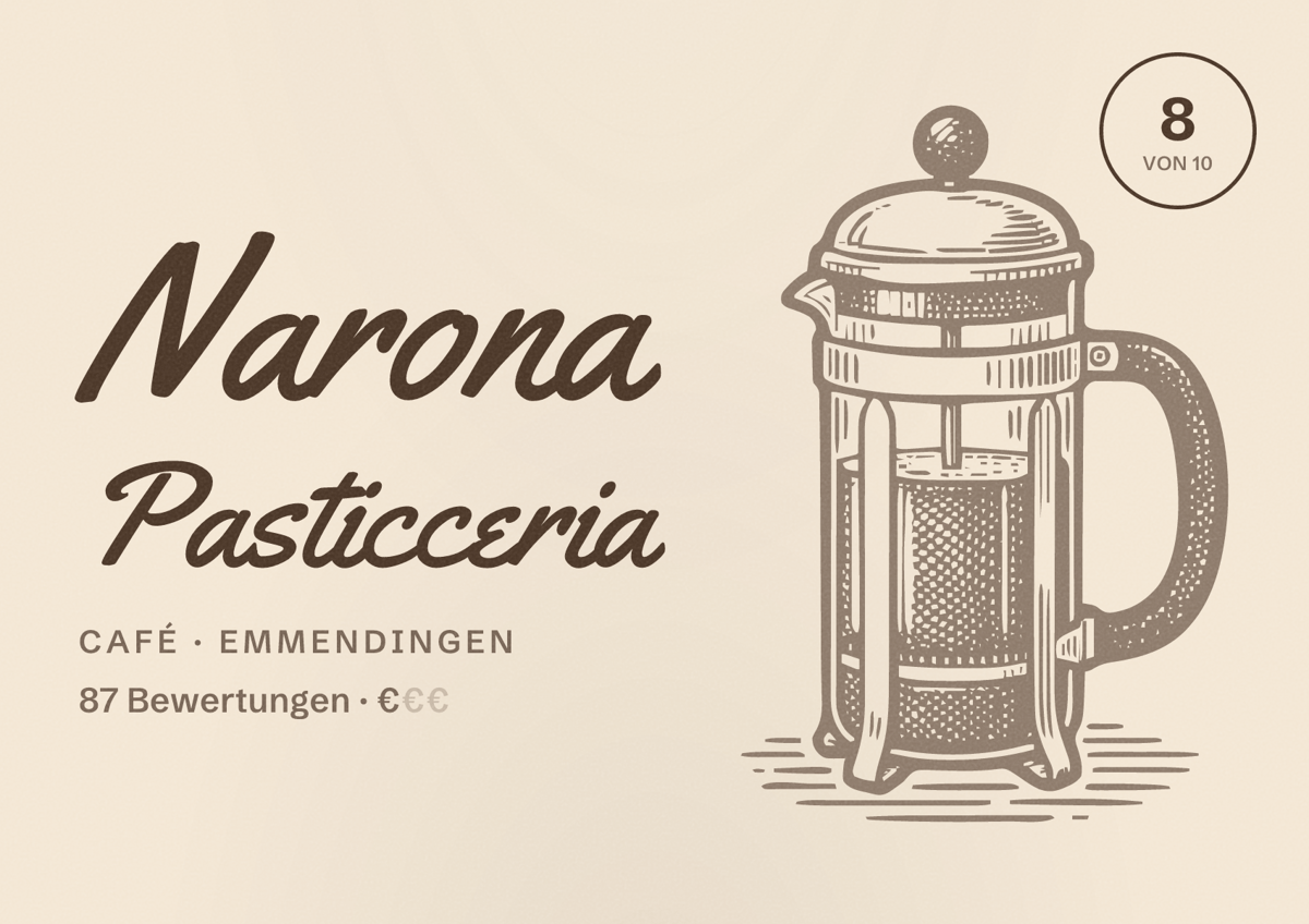 Illustriertes Poster von Narona Pasticceria, Café in Emmendingen: Bewertung 8 von 10 aus 87 Bewertungen, Preisniveau €