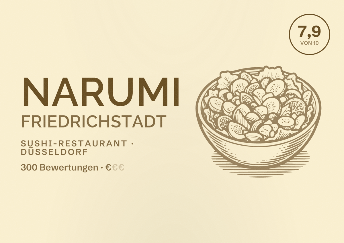Illustriertes Poster von Narumi Friedrichstadt, Sushi-Restaurant in Düsseldorf: Bewertung 7,9 von 10 aus 300 Bewertungen, Preisniveau €