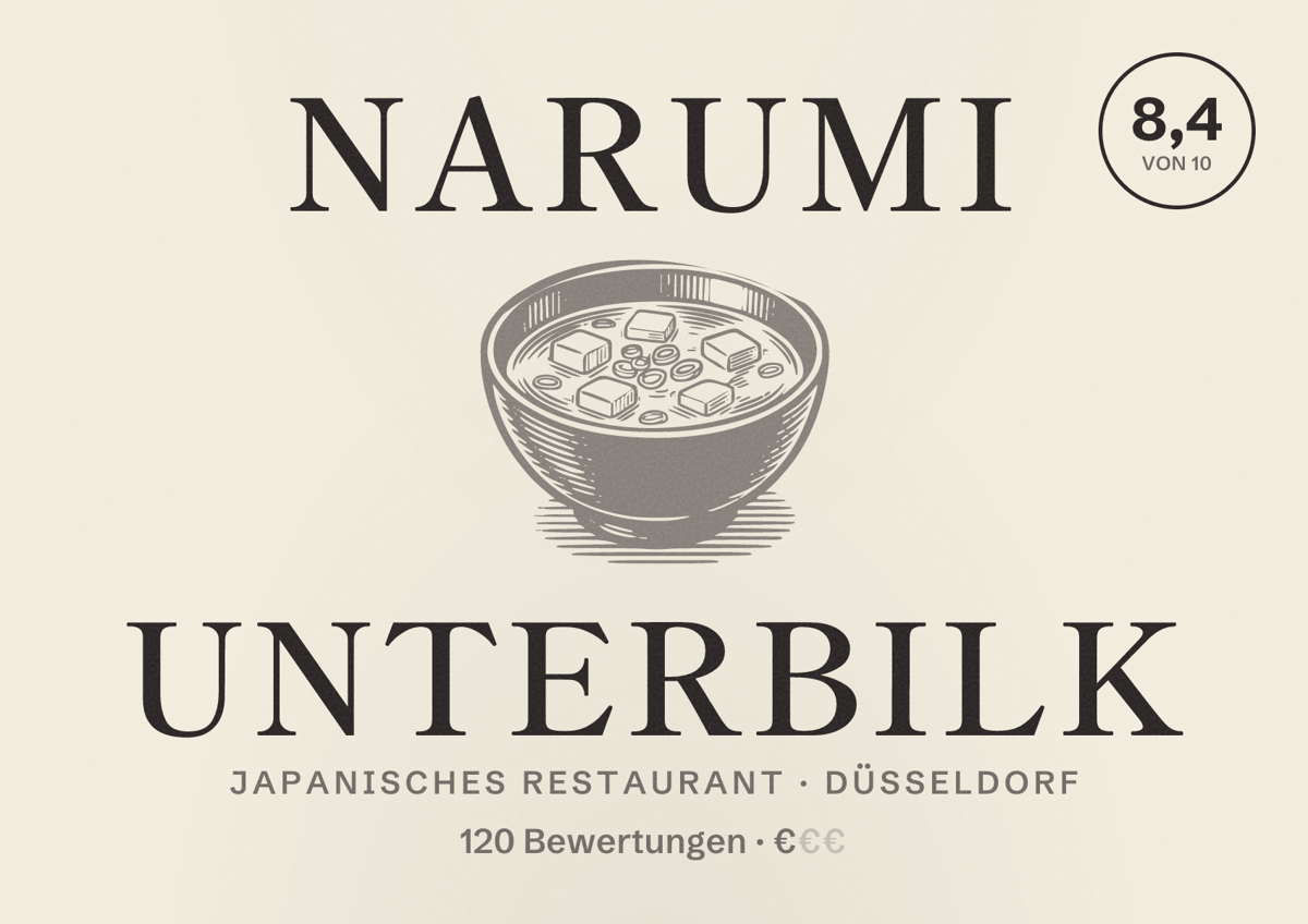 Illustriertes Poster von Narumi Unterbilk, Japanisches Restaurant in Düsseldorf: Bewertung 8,4 von 10 aus 120 Bewertungen, Preisniveau €