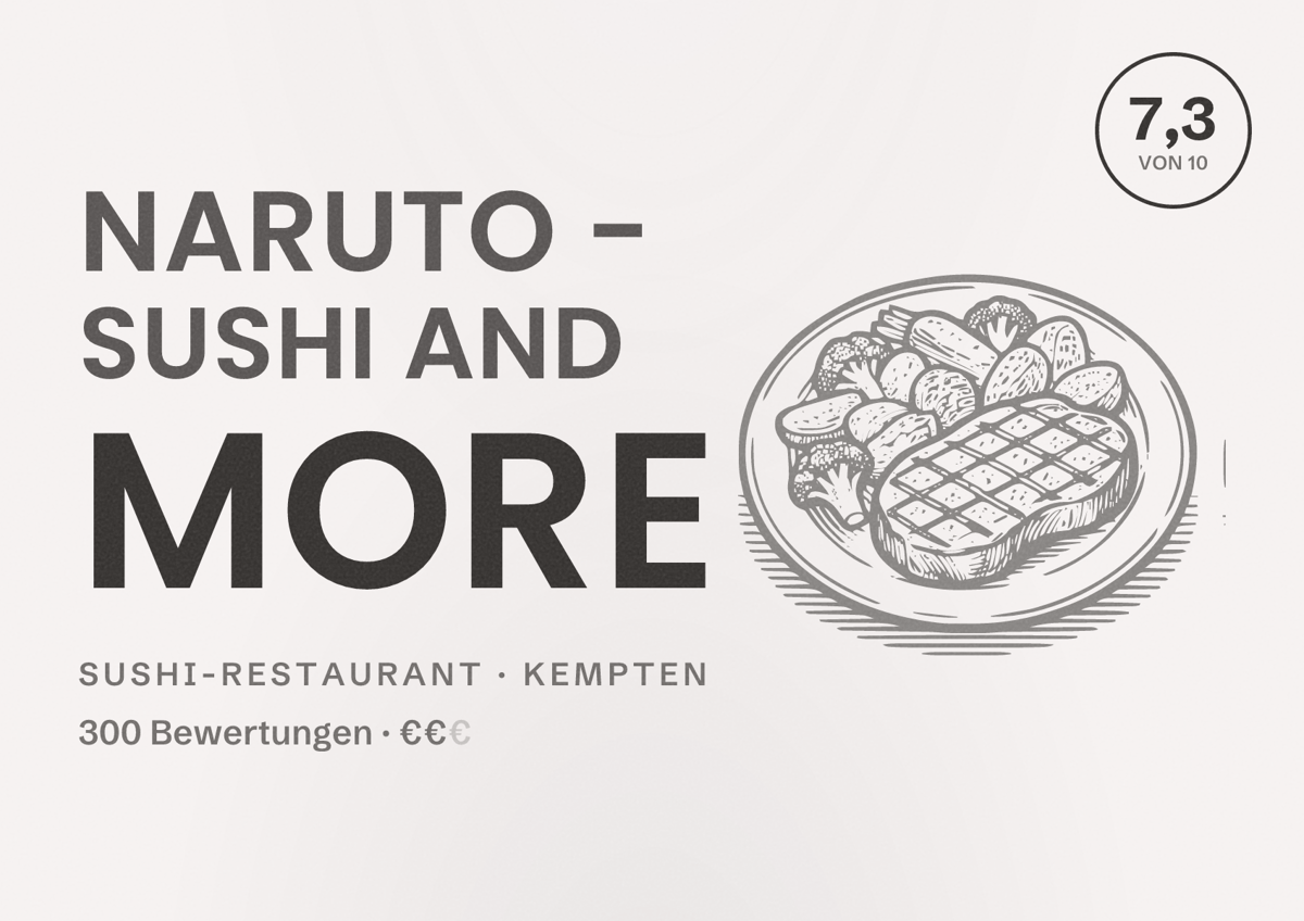 Illustriertes Poster von Naruto - Sushi and More, Sushi-Restaurant in Kempten: Bewertung 7,3 von 10 aus 300 Bewertungen, Preisniveau €€
