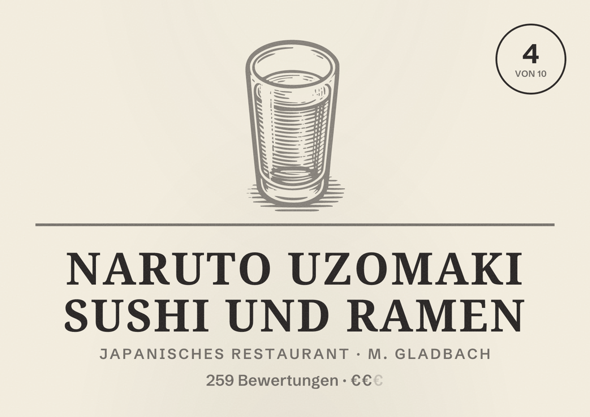 Illustriertes Poster von NARUTO UZOMAKI SUSHI UND RAMEN, Japanisches Restaurant in M. Gladbach: Bewertung 4 von 10 aus 259 Bewertungen, Preisniveau €€