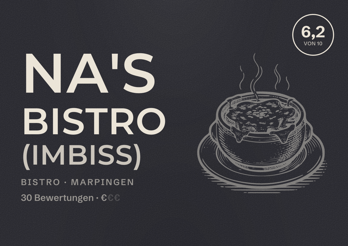 Illustriertes Poster von NA's Bistro (Imbiss), Bistro in Marpingen: Bewertung 6,2 von 10 aus 30 Bewertungen, Preisniveau €