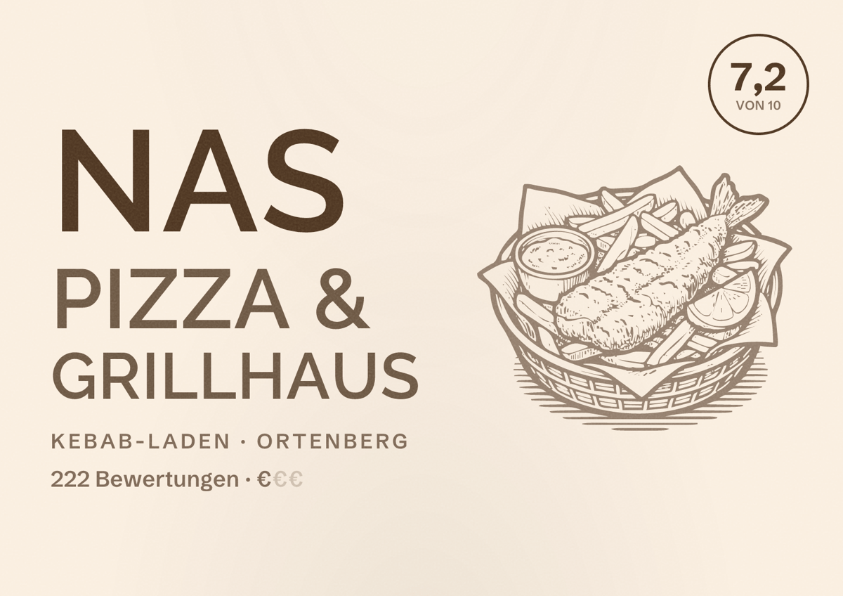Illustriertes Poster von Nas Pizza & Grillhaus, Kebab-Laden in Ortenberg: Bewertung 7,2 von 10 aus 222 Bewertungen, Preisniveau €
