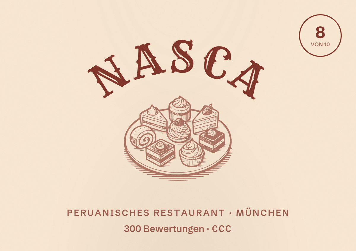 Illustriertes Poster von Nasca, Peruanisches Restaurant in München: Bewertung 8,0 von 10 aus 300 Bewertungen, Preisniveau €€€