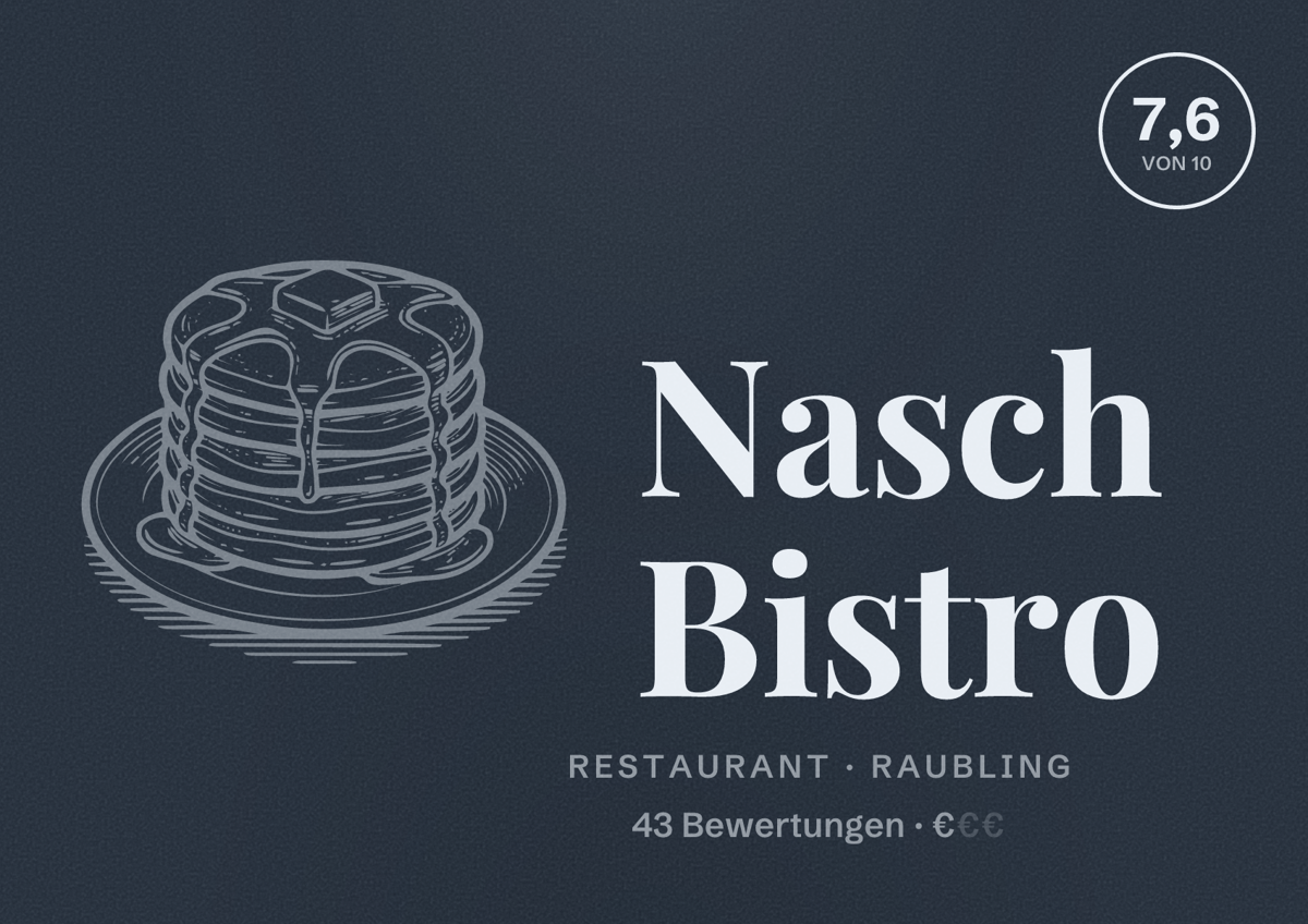 Illustriertes Poster von Nasch Bistro, Restaurant in Raubling: Bewertung 7,6 von 10 aus 43 Bewertungen, Preisniveau €