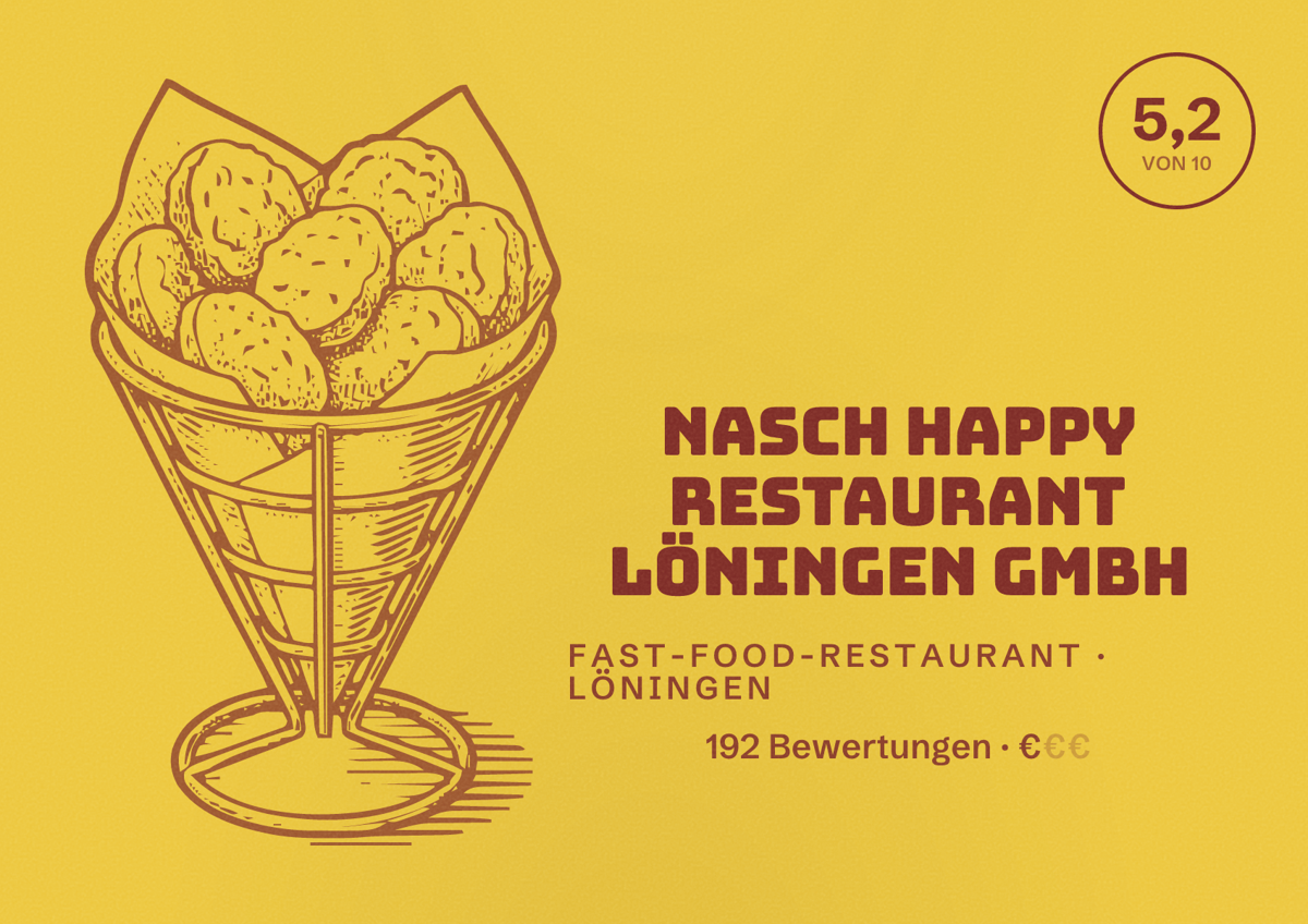 Illustriertes Poster von Nasch Happy Restaurant Löningen GmbH, Fast-Food-Restaurant in Löningen: Bewertung 5,2 von 10 aus 192 Bewertungen, Preisniveau €