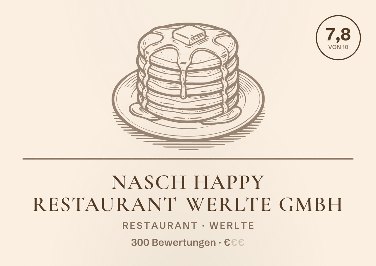 Illustriertes Poster von Nasch Happy Restaurant Werlte GmbH, Restaurant in Werlte: Bewertung 7,8 von 10 aus 300 Bewertungen, Preisniveau €
