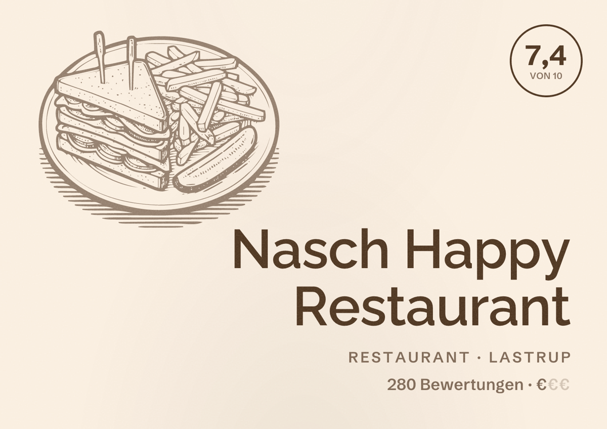Illustriertes Poster von Nasch Happy Restaurant, Restaurant in Lastrup: Bewertung 7,4 von 10 aus 280 Bewertungen, Preisniveau €
