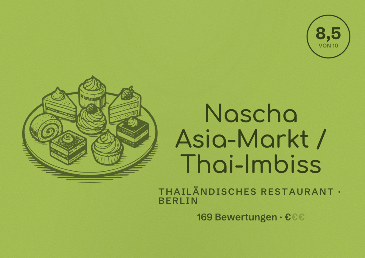 Illustriertes Poster von Nascha Asia-Markt / Thai-Imbiss, Thailändisches Restaurant in Berlin: Bewertung 8,5 von 10 aus 169 Bewertungen, Preisniveau €