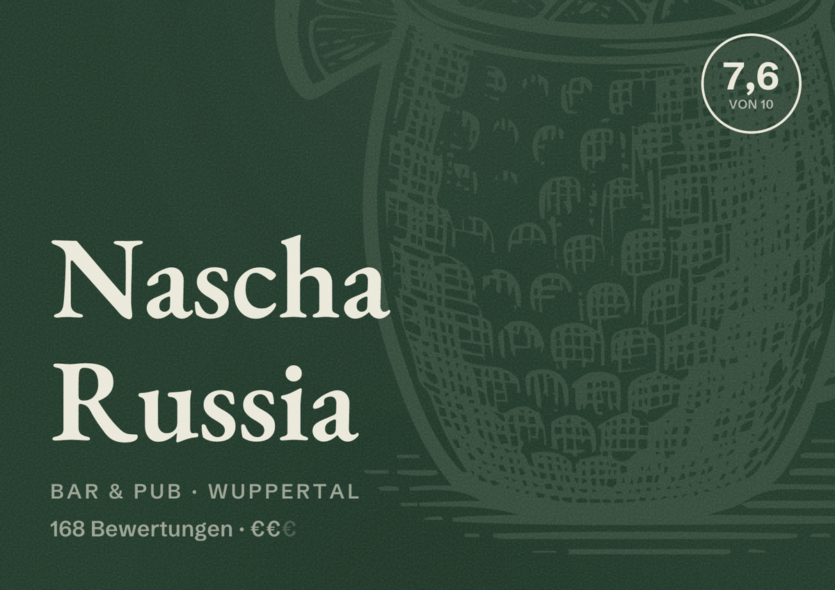 Illustriertes Poster von Nascha Russia, Bar & Pub in Wuppertal: Bewertung 7,6 von 10 aus 168 Bewertungen, Preisniveau €€