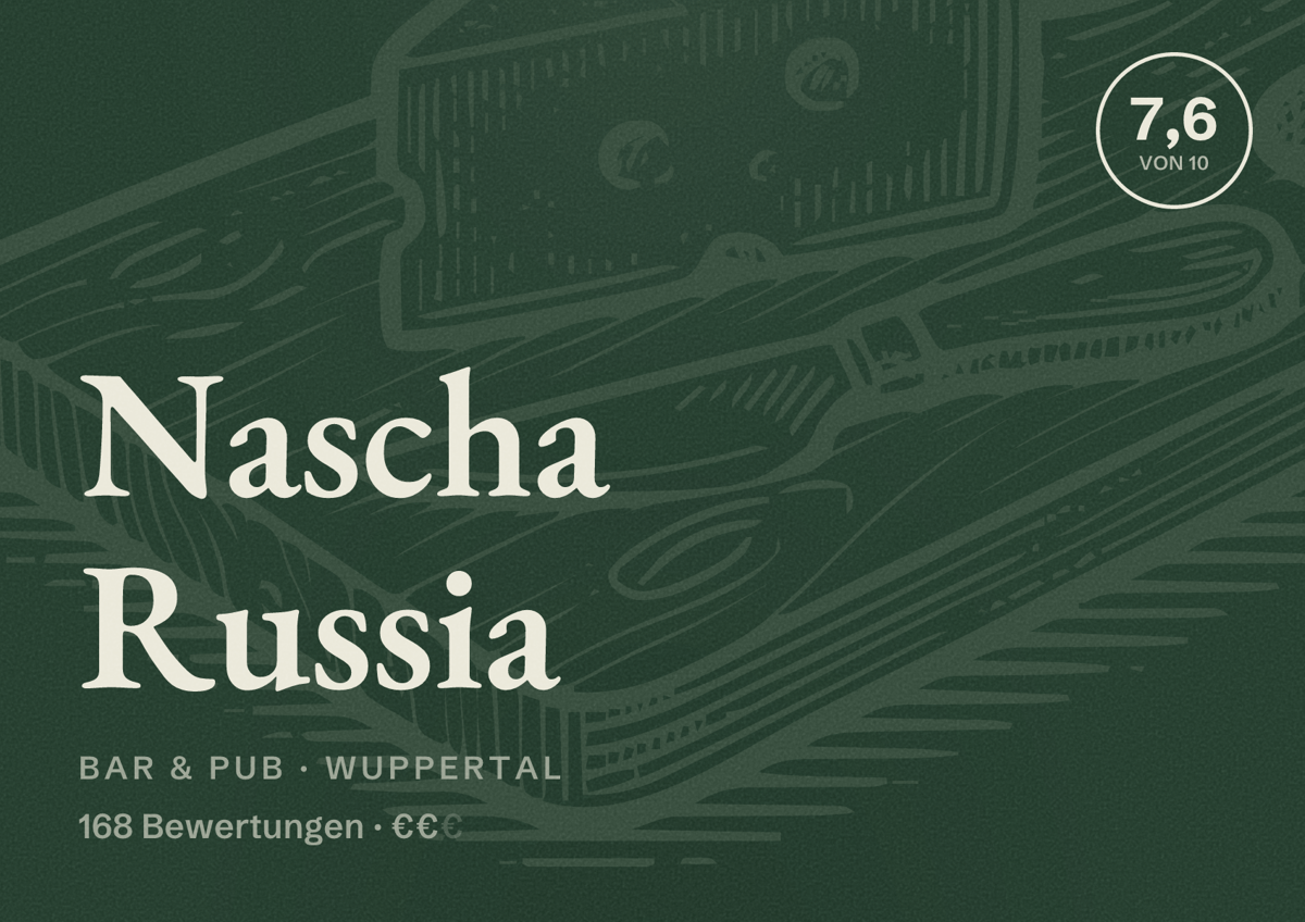 Illustriertes Poster von Nascha Russia, Bar & Pub in Wuppertal: Gästebewertung 7,6 von 10 aus 168 Bewertungen