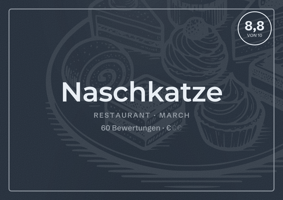Illustriertes Poster von Naschkatze, Restaurant in March: Bewertung 8,8 von 10 aus 60 Bewertungen, Preisniveau €