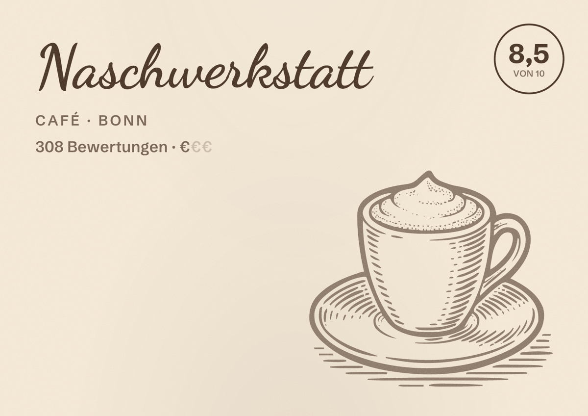 Illustriertes Poster von Naschwerkstatt, Café in Bonn: Bewertung 8,5 von 10 aus 308 Bewertungen, Preisniveau €