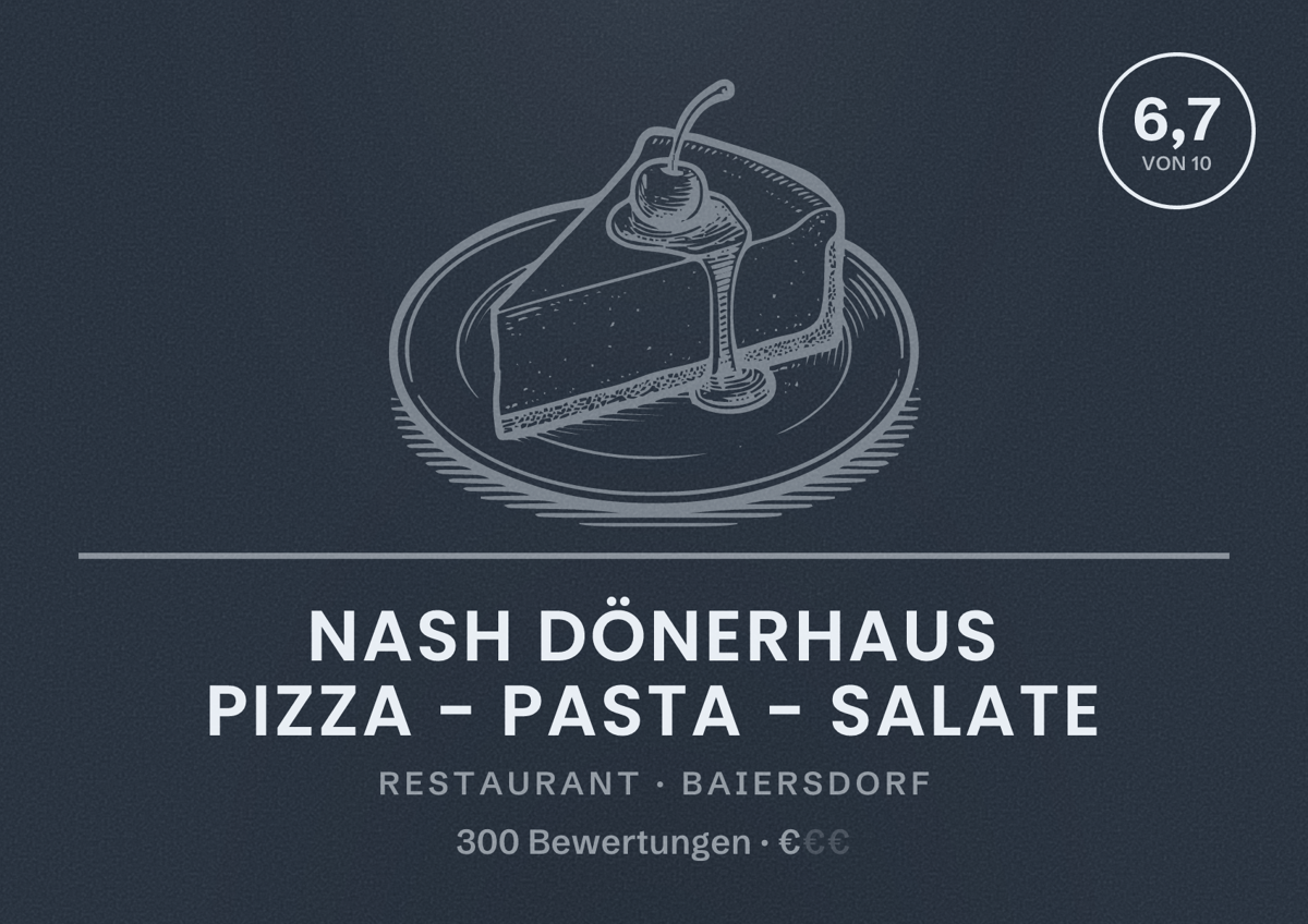 Illustriertes Poster von Nash Dönerhaus Pizza - Pasta - Salate, Restaurant in Baiersdorf: Bewertung 6,7 von 10 aus 300 Bewertungen, Preisniveau €