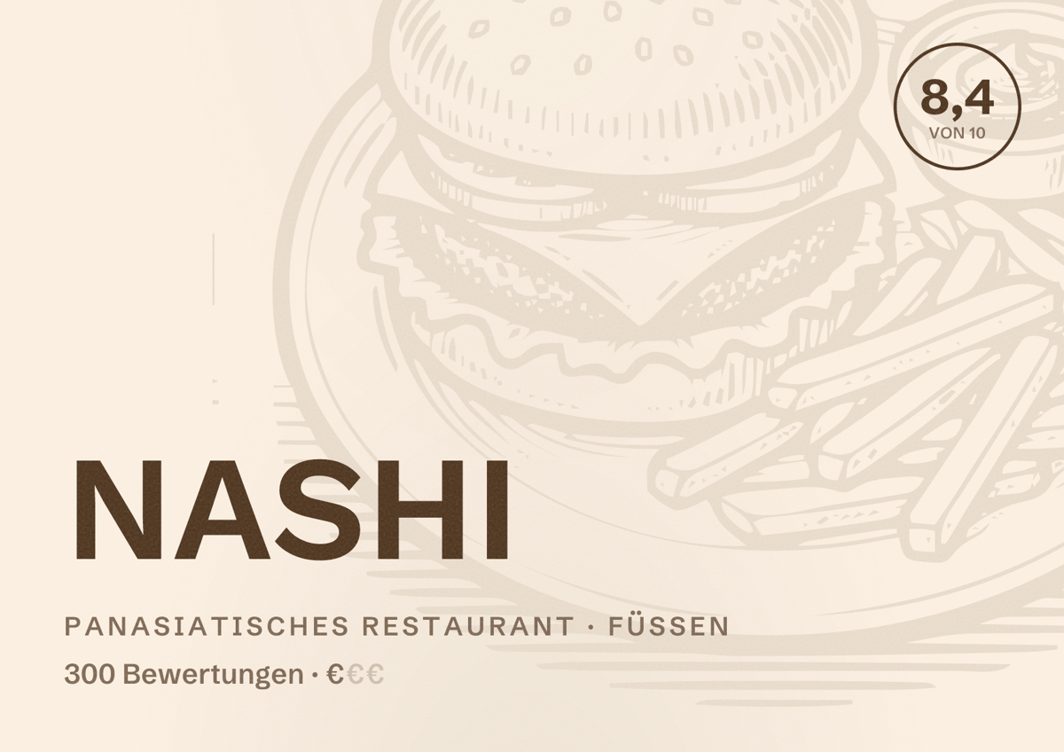 Illustriertes Poster von NASHI, Panasiatisches Restaurant in Füssen: Bewertung 8,4 von 10 aus 300 Bewertungen, Preisniveau €