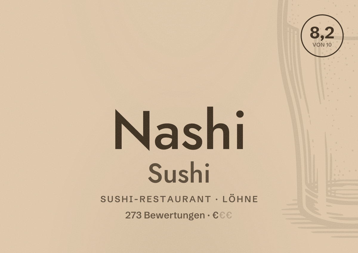 Illustriertes Poster von Nashi Sushi, Sushi-Restaurant in Löhne: Bewertung 8,2 von 10 aus 273 Bewertungen, Preisniveau €