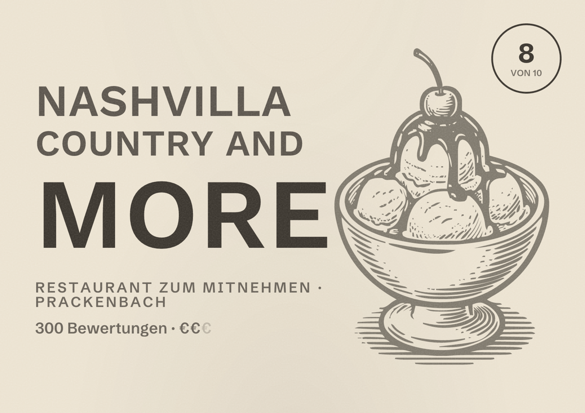 Illustriertes Poster von Nashvilla Country and more, Restaurant zum Mitnehmen in Prackenbach: Bewertung 8 von 10 aus 300 Bewertungen, Preisniveau €€