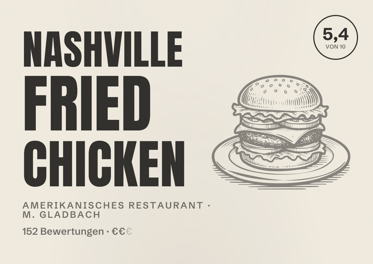 Illustriertes Poster von Nashville Fried Chicken, Amerikanisches Restaurant in M. Gladbach: Bewertung 5,4 von 10 aus 152 Bewertungen, Preisniveau €€