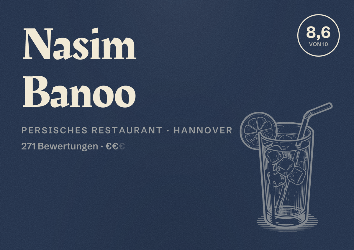 Illustriertes Poster von Nasim Banoo, Persisches Restaurant in Hannover: Bewertung 8,6 von 10 aus 271 Bewertungen, Preisniveau €€