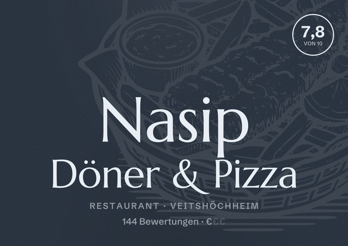 Illustriertes Poster von Nasip Döner & Pizza, Restaurant in Veitshöchheim: Bewertung 7,8 von 10 aus 144 Bewertungen, Preisniveau €