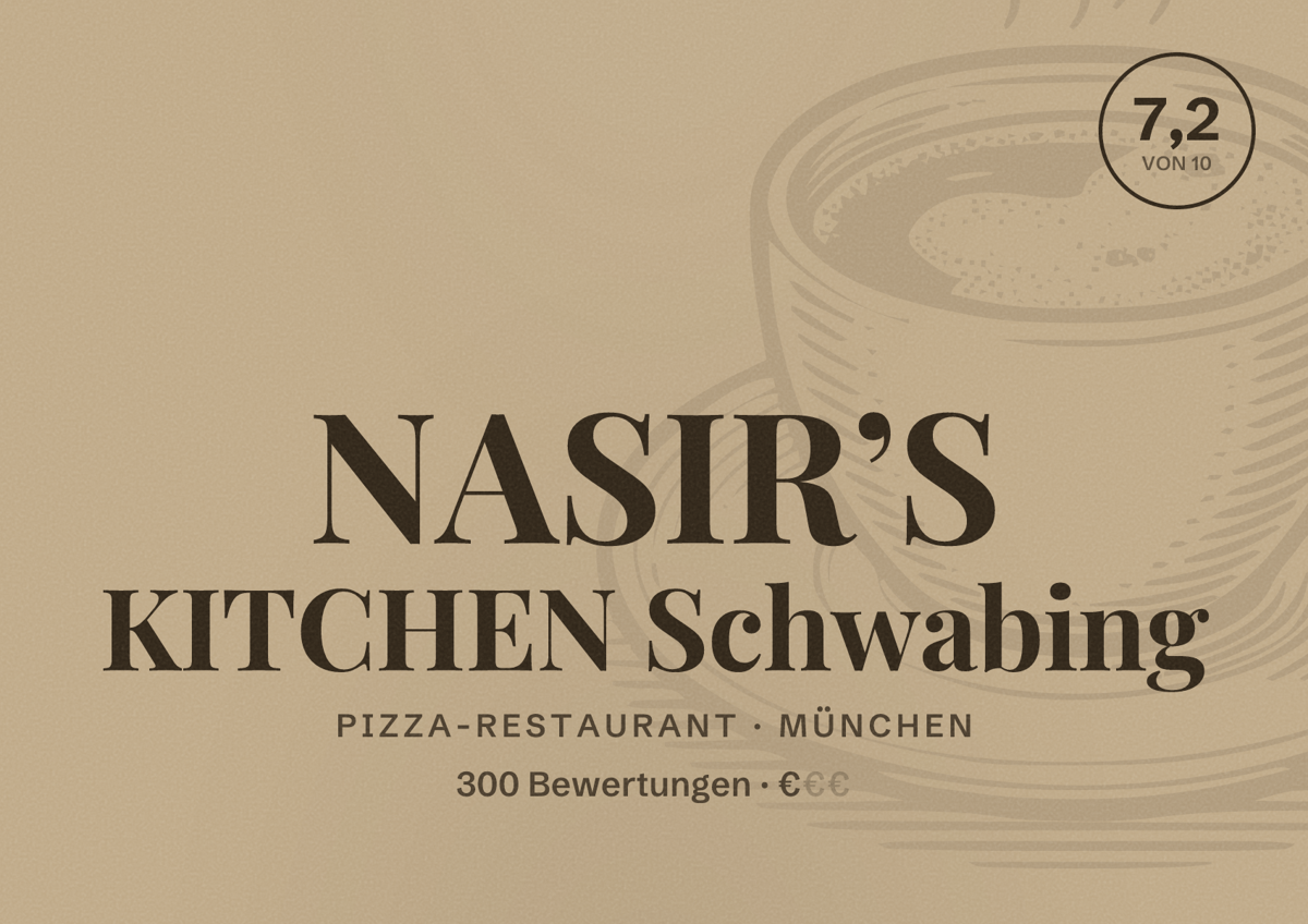 Illustriertes Poster von NASIR’S KITCHEN Schwabing, Pizza-Restaurant in München: Bewertung 7,2 von 10 aus 300 Bewertungen, Preisniveau €