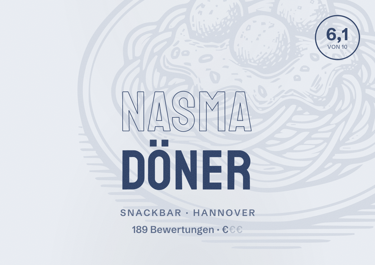 Illustriertes Poster von Nasma Döner, Snackbar in Hannover: Bewertung 6,1 von 10 aus 189 Bewertungen, Preisniveau €