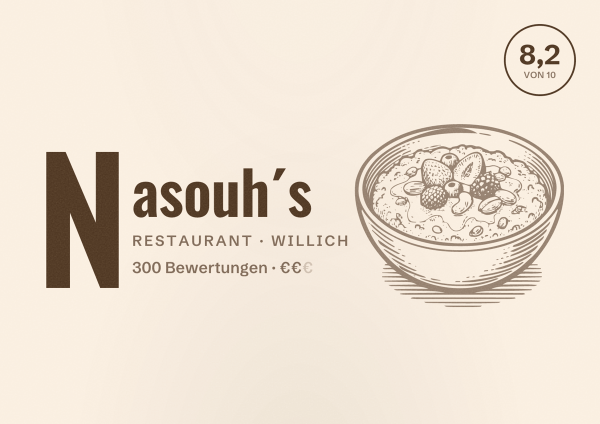 Illustriertes Poster von Nasouh´s, Restaurant in Willich: Bewertung 8,2 von 10 aus 300 Bewertungen, Preisniveau €€