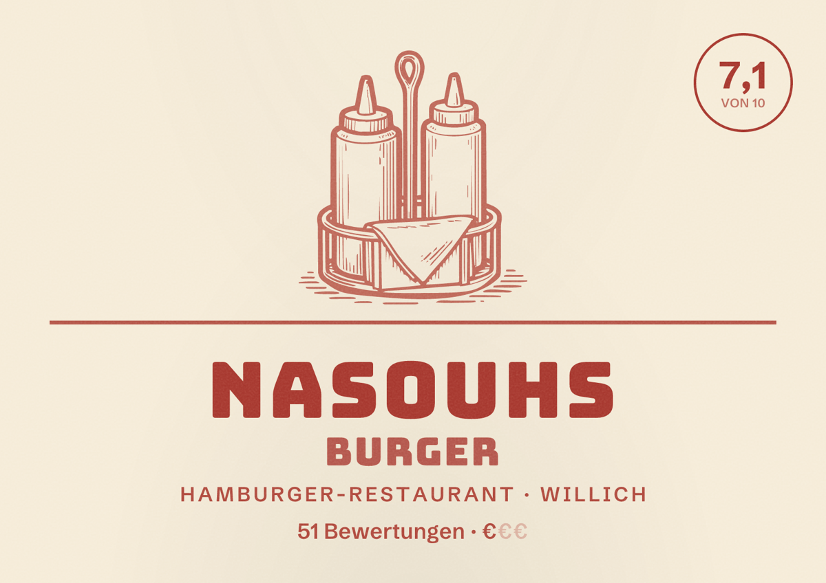 Illustriertes Poster von Nasouhs Burger, Hamburger-Restaurant in Willich: Bewertung 7,1 von 10 aus 51 Bewertungen, Preisniveau €