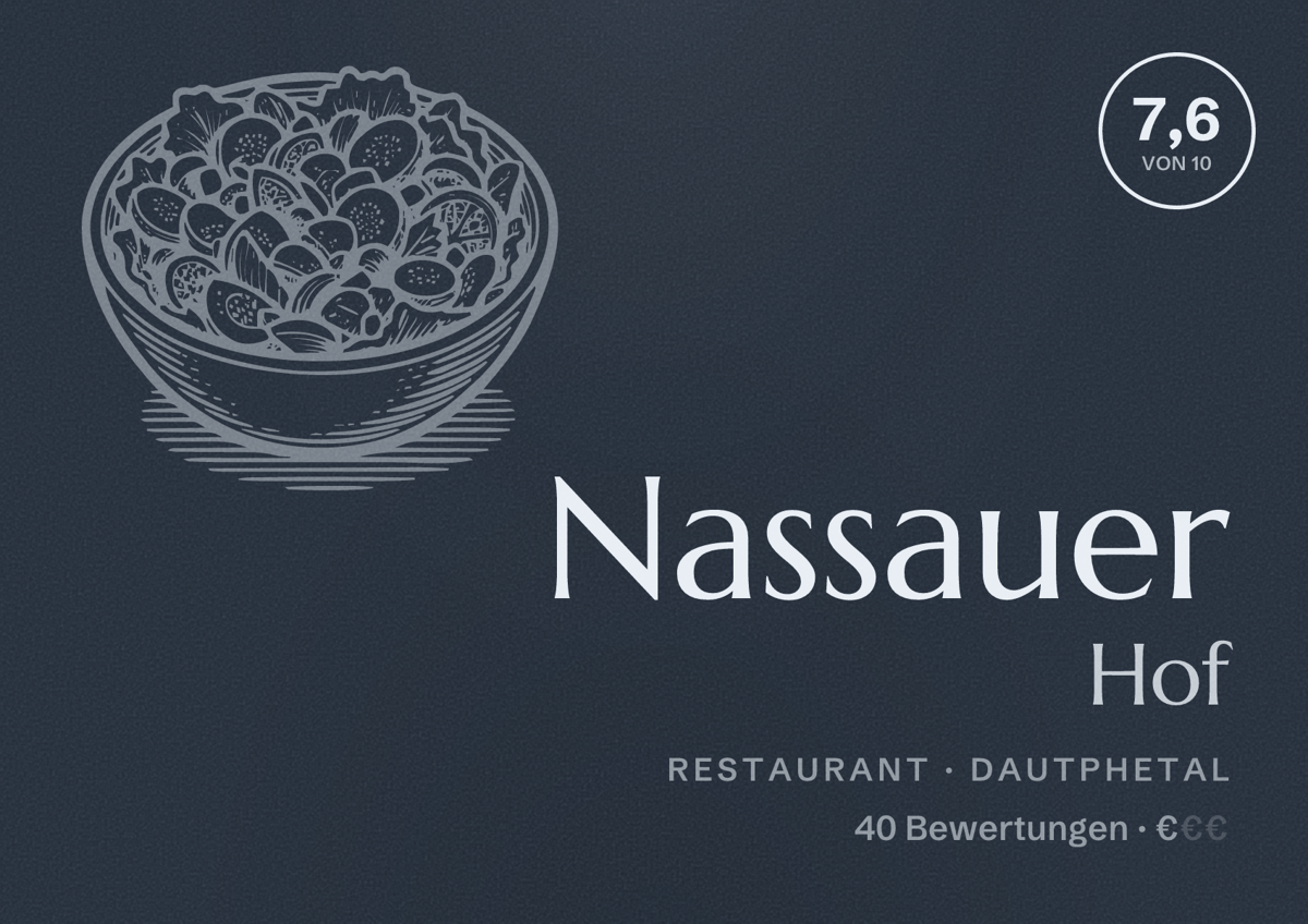 Illustriertes Poster von Nassauer Hof, Restaurant in Dautphetal: Bewertung 7,6 von 10 aus 40 Bewertungen, Preisniveau €