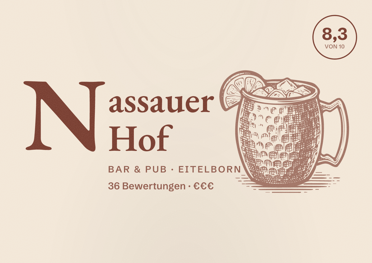 Illustriertes Poster von Nassauer Hof, Bar & Pub in Eitelborn: Bewertung 8,3 von 10 aus 36 Bewertungen, Preisniveau €€€