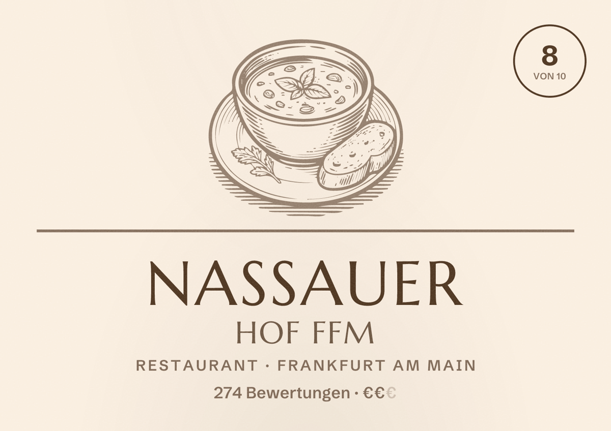 Illustriertes Poster von Nassauer Hof FFM, Restaurant in Frankfurt am Main: Bewertung 8,0 von 10 aus 274 Bewertungen, Preisniveau €€