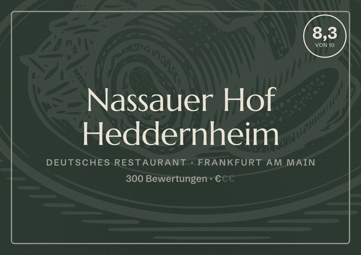 Illustriertes Poster von Nassauer Hof Heddernheim, Deutsches Restaurant in Frankfurt am Main: Bewertung 8,3 von 10 aus 300 Bewertungen, Preisniveau €