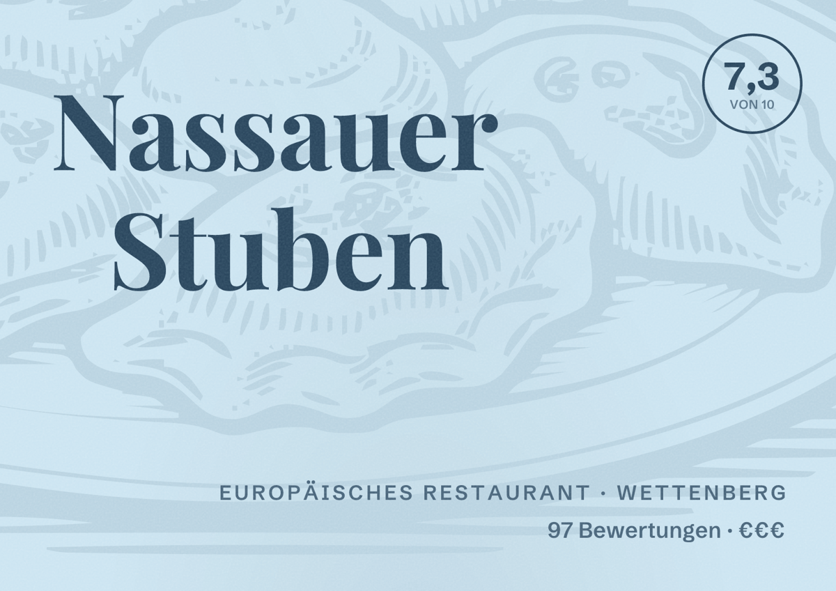 Illustriertes Poster von Nassauer Stuben, Europäisches Restaurant in Wettenberg: Bewertung 7,3 von 10 aus 97 Bewertungen, Preisniveau €€€
