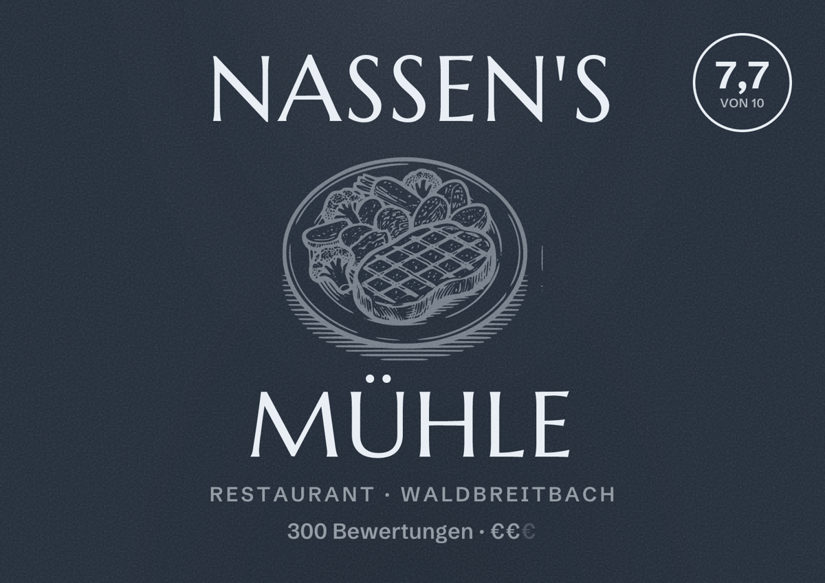 Illustriertes Poster von Nassen's Mühle, Restaurant in Waldbreitbach: Bewertung 7,7 von 10 aus 300 Bewertungen, Preisniveau €€