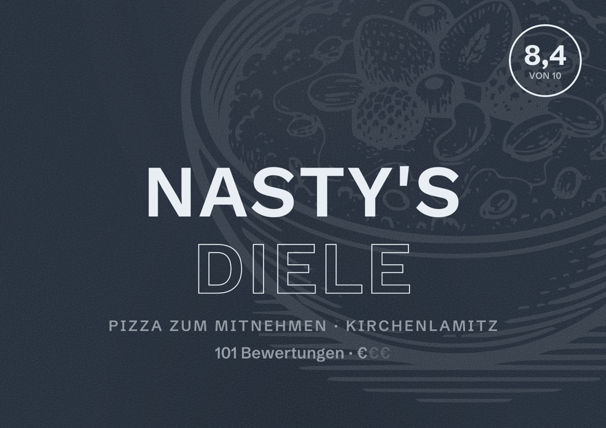 Illustriertes Poster von Nasty's Diele, Pizza zum Mitnehmen in Kirchenlamitz: Bewertung 8,4 von 10 aus 101 Bewertungen, Preisniveau €