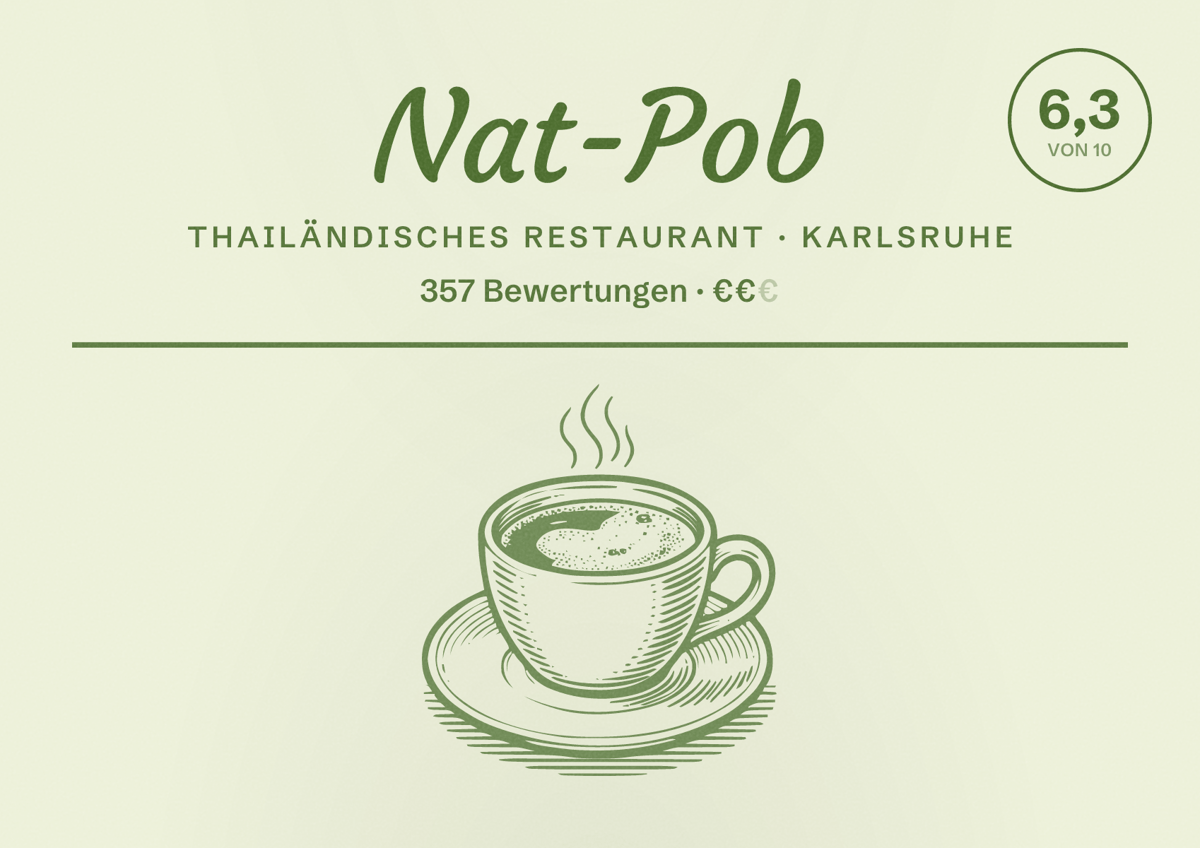 Illustriertes Poster von Nat-Pob, Thailändisches Restaurant in Karlsruhe: Bewertung 6,3 von 10 aus 357 Bewertungen, Preisniveau €€