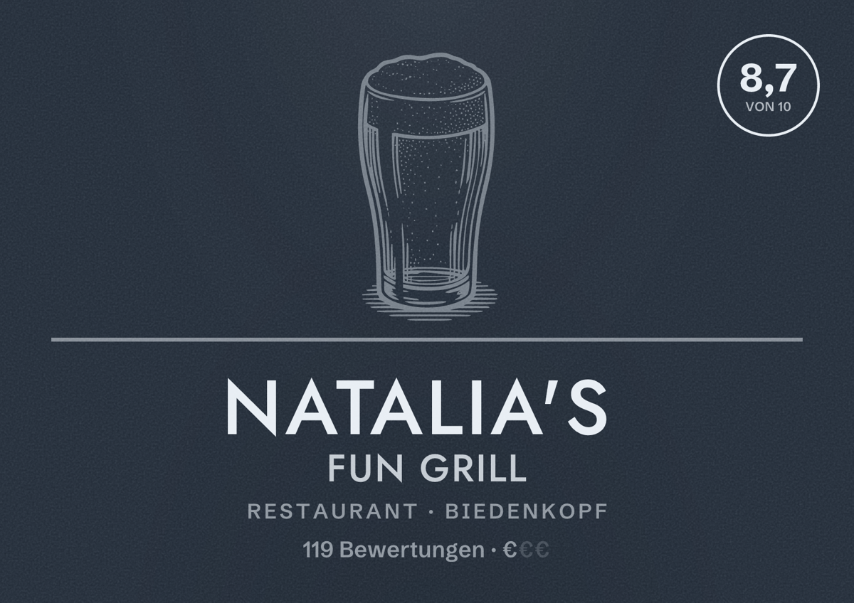 Illustriertes Poster von Natalia's Fun Grill, Restaurant in Biedenkopf: Bewertung 8,7 von 10 aus 119 Bewertungen, Preisniveau €