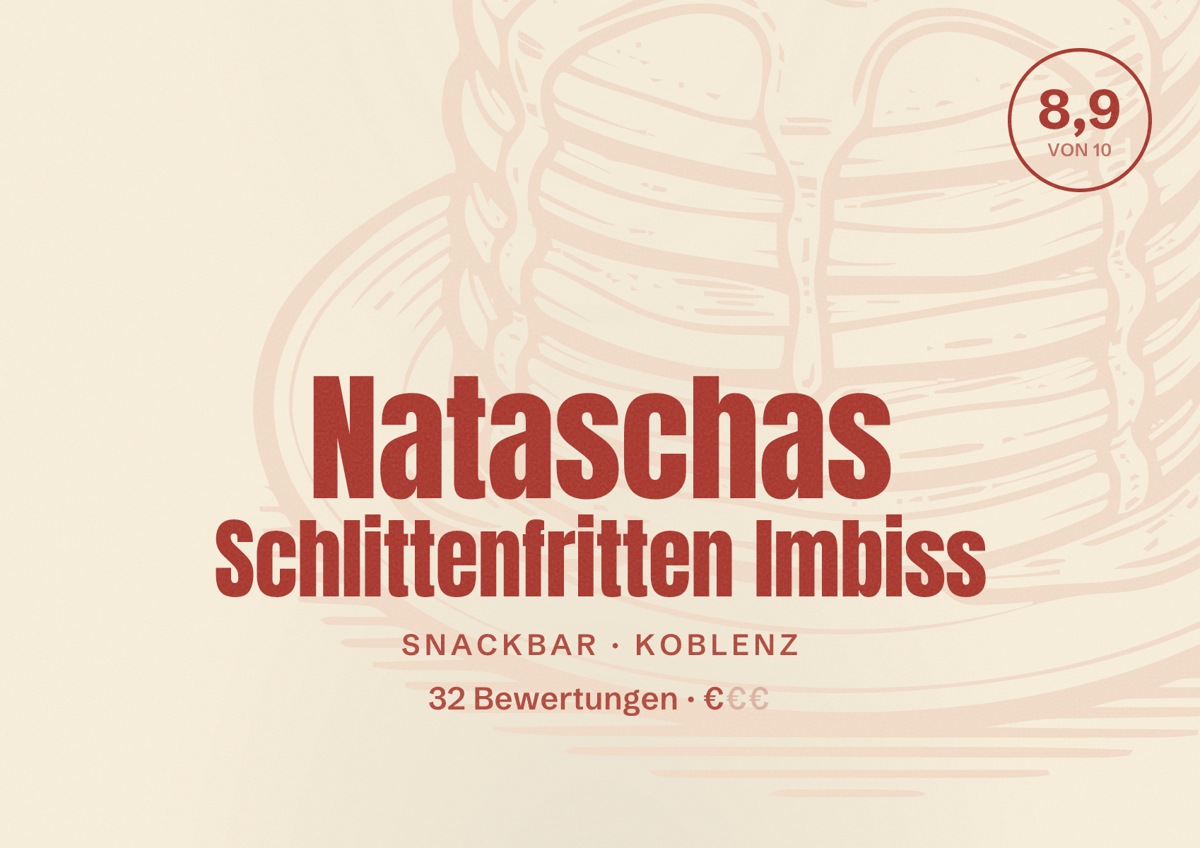 Illustriertes Poster von Nataschas Schlittenfritten Imbiss, Snackbar in Koblenz: Bewertung 8,9 von 10 aus 32 Bewertungen, Preisniveau €